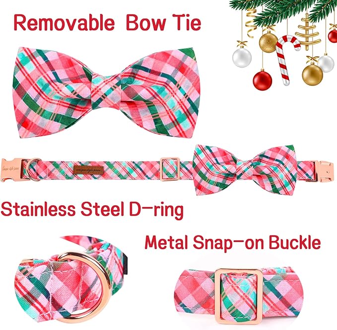 Unique style paws Dog Collar with Bow Pink & Green Plaid Dog Collar Best Gifts for Small Medium Large Dogs -XL