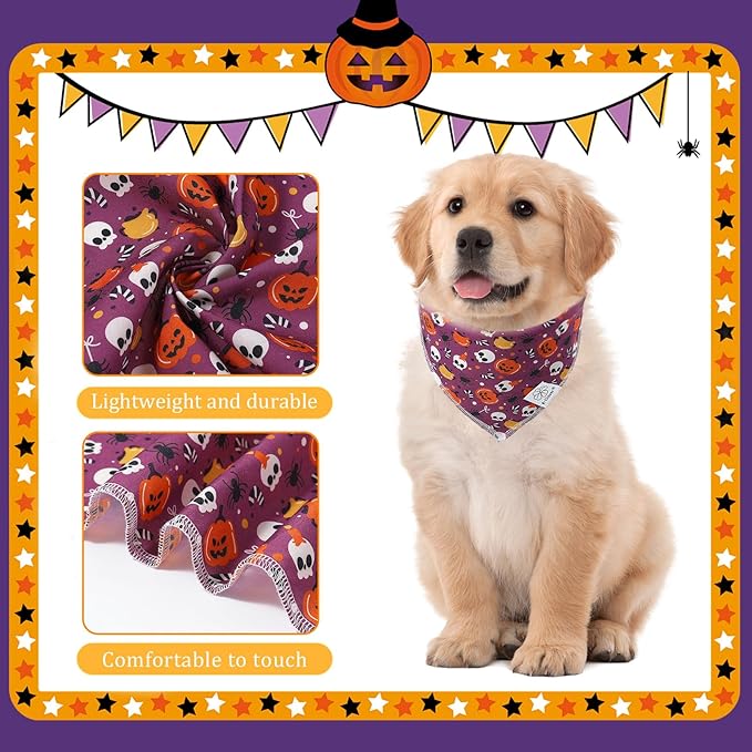 E-Clover Halloween Dog Bandanas & Matching Scrunchie Set Girl Cute Pumpkin Dog Scarf Bibs Pet Bandana with Bow Tie for Small Dogs Puppy Owner Mom Purple Orange