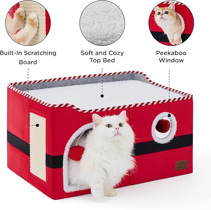 Bedsure Large Cat Beds for Indoor Cats - Extra Wide Cat Cube House for Small Pet with Fluffy Ball Hanging and Scratch Pad, Foldable Pet Cave Hideaway for Multiple Cats, 23.6x16.9x13 inches,Red