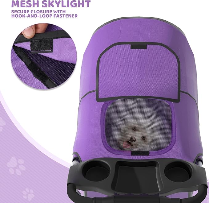 Magshion 3-Wheel Pet Stroller, Foldable Travel Jogger for Small & Medium Dogs & Cats (Up to 33lbs), Lightweight Carrier with Breathable Mesh Cover, Cup Holder & Storage Basket, Purple