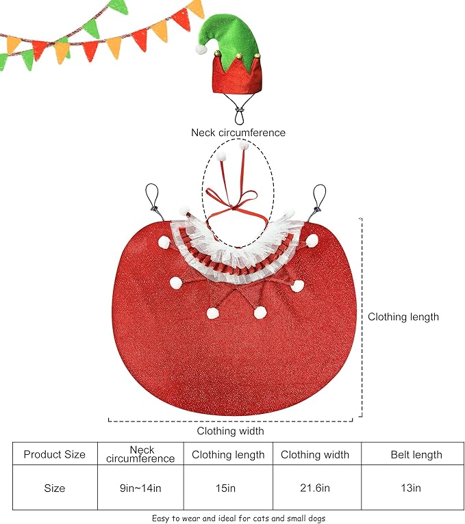 KOUPA Pet Christmas Costume with Hat, Dog Halloween Clothes Cosplay Wizard Cloak for Small Puppy Kitten Animal, Shiny Cat Outfit Suit for Party Holiday, Red