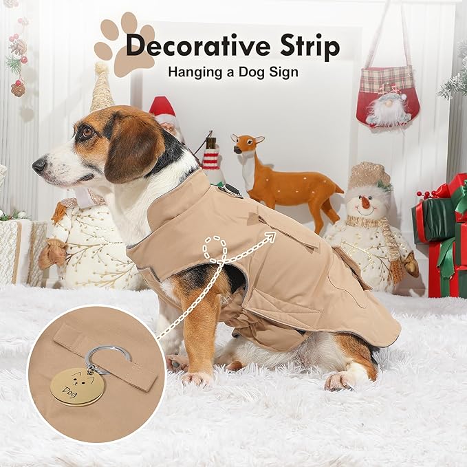 Workwear Style Dog Coats with Harness Built in for Small Dogs Windproof Warm Puppy Jacket with Storage Pockets for Cold Winter,LightBeige M