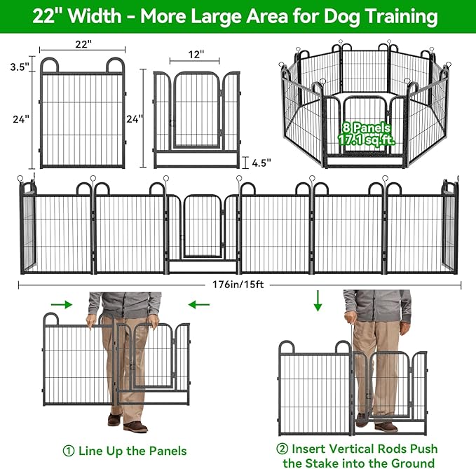 Puppy Playpen 8 Piece Panels Small Dog Fence Outdoor Indoor Use 24" Height Anti-Rust with Doors Portable Dog Play Pen for RV Camping Yard, Total 15FT, 17 Sq.ft, Snowy Black