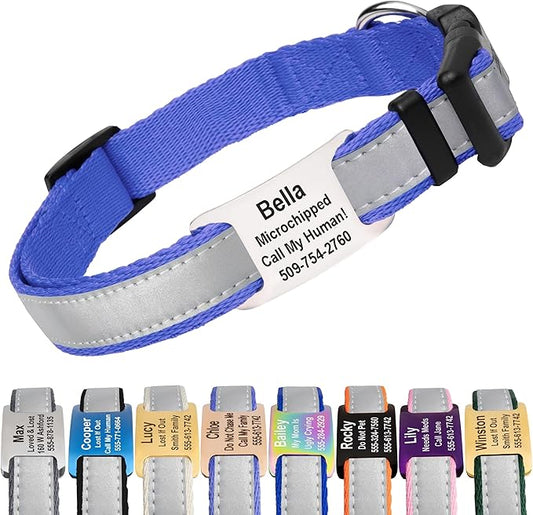 GoTags Reflective Personalized Dog Collar with Nameplate, Adjustable Dog Collar with Custom Engraved Steel Slide On Pet ID Tag, Silent, No Noise Dog Tag for Large Medium or Small (Lavender, Medium)