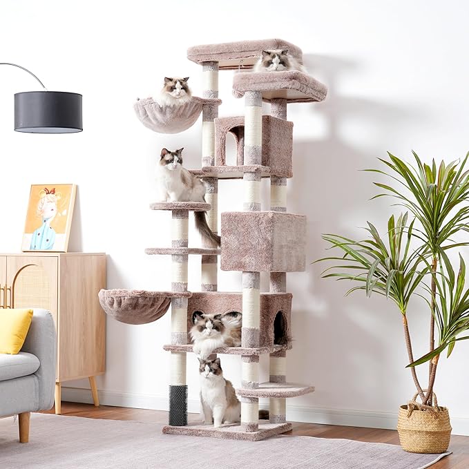 Hey-brother Cat Tree, 74 inches Multi-Level XL Large Cat Tower for Indoor Cats with Three Cat Condos, Two Large Top Decks and Cat Hairbrushfor Kittens, Cats and Pets,Muchroom MPJ035-MMU