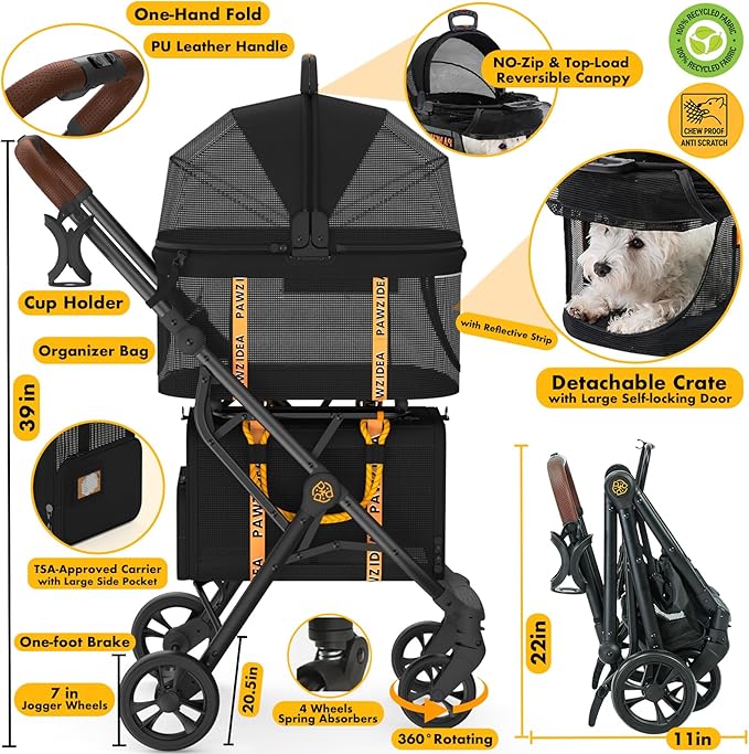 PAWZIDEA Double Pet Stroller with 2 Detachable Carriers, Portable Dog Crate for Car Travel & TSA-Approved Expandable Cat Carrier, Foldable Lightweight Jogger Stroller for 2–4 Cats or Small/Medium Dogs