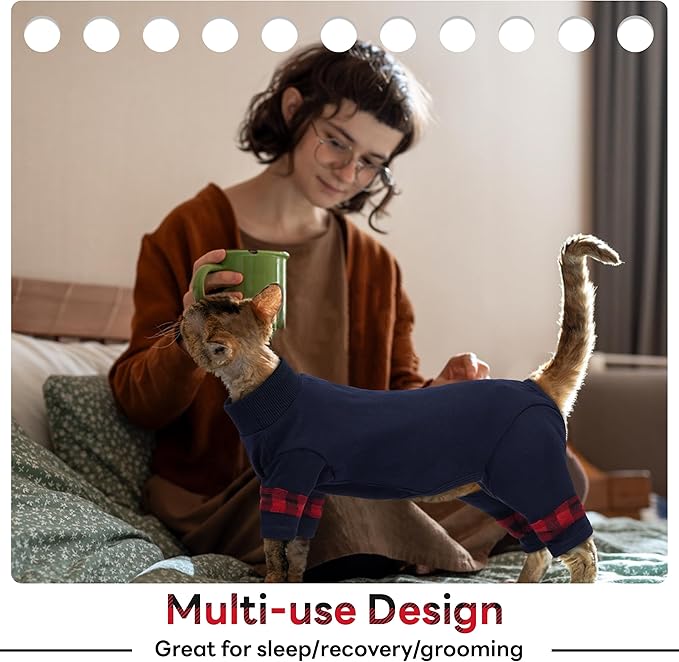 PUMYPOREITY Fur Control Cat Pajamas, Versatile Shirt for All-Day Wear, Soft Stretchy Sweater with Back Snap for Easy Wear, Cat Onsie Prevents Licking Wounds, 2XL, Blue