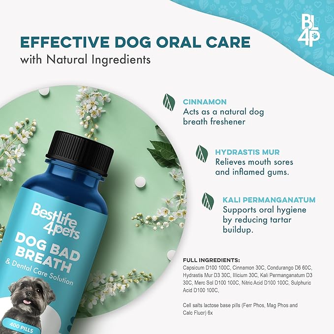Dog Bad Breath & Dental Care Solution, Supports Canine Oral Health, Relieves Stinky Breath, Tooth Pain, Red Swollen Gums, Helps Reduce Plaque and Gingivitis, 400 Odorless, Tasteless Easy to Use Pills