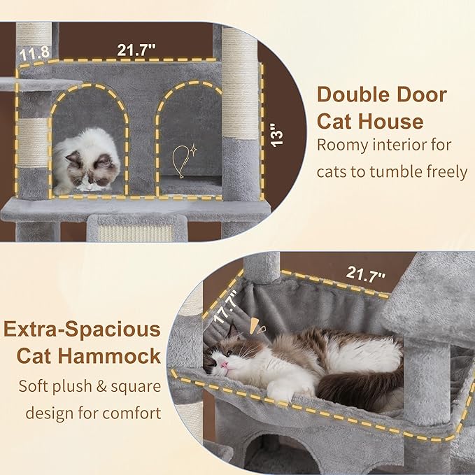 Heybly Tall Cat Tree for Large Cat, 80-inch Multi-Level Cat Tower for Indoor Cats with Large Baseboard, Condo Furniture with 2 Widened Plush Perches,Scratching Board and Big Caves, Light Gray HCT038W