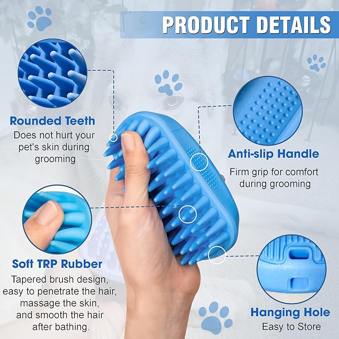Dog Shampoo Brush & Dog Shower Brush, Upgraded Pet Grooming Bath Brush with Soft Silicone Bristles, Adjustable Handle Massage Comb for Long & Short Hair Dogs and Cats