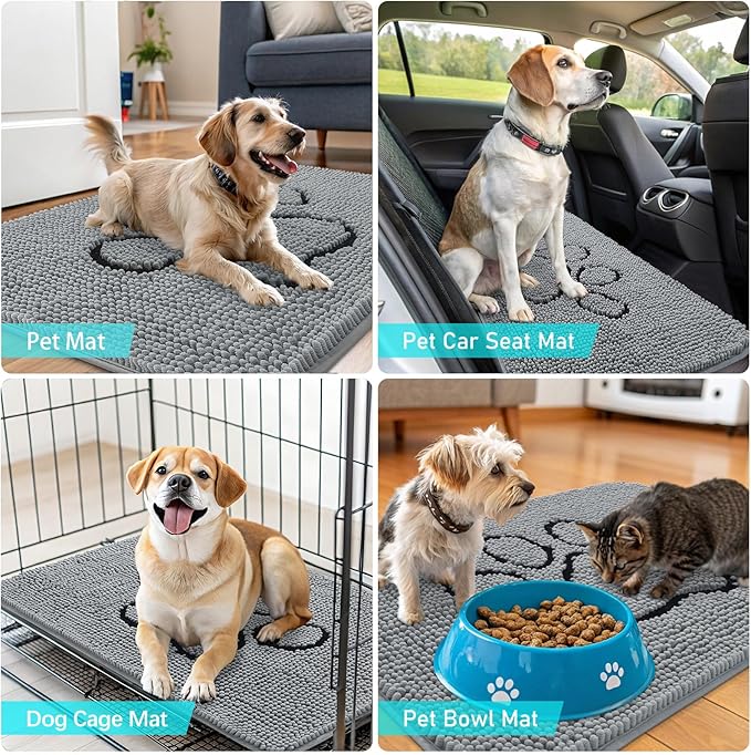 OLANLY Dog Door Mat for Muddy Paws 54x32, Paw Print Design, Absorbs Moisture and Dirt, Absorbent Non-Slip Washable Doormat, Quick Dry Chenille Mud Mat for Dogs, Entry Indoor Entryway Carpet, Grey