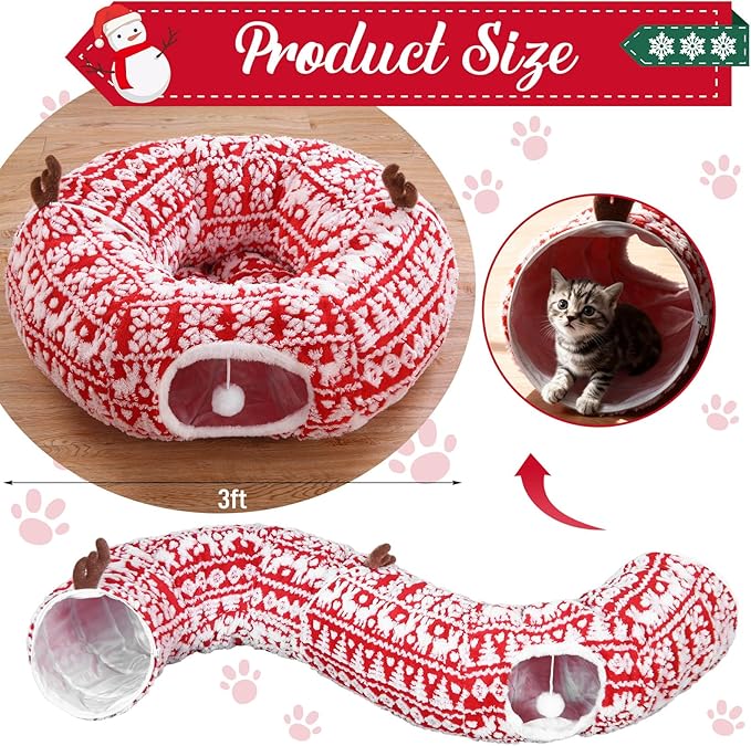 Christmas Cat Tunnel Bed with 8 Cat Toys Fluffy Plush Dog Tunnel Bed with Washable Cushion and Dangling Balls 3FT Multifunctional Playground for Small Medium Large Rabbit(Snowflake,Red)