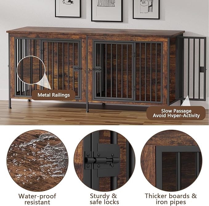 EasyCom Dog Crate Furniture for 1 or 2 Dogs, Heavy Duty Single/Double Dog Crates for Small/Medium/Large Dogs, Dog Kennel Furniture Indoor as TV Stand, Large Size 78.74" L(35-60 Pounds), Brown