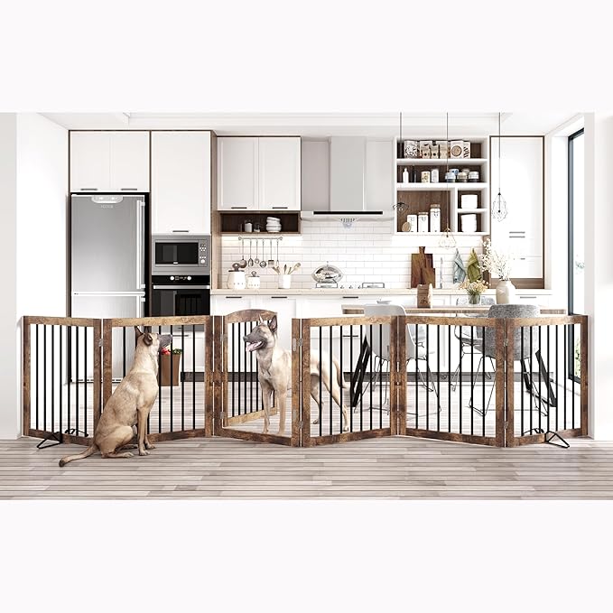 Vantas Folding Pet Gate 144" Wide, 30" Tall No-Assembly Wooden Dog Gate with Door Walk Through, Freestanding Pet Gate, Puppy Safety Fence, with 2PCS Support - Rustic Brown