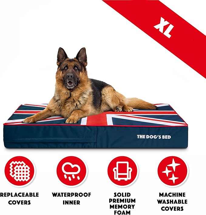 The Dog’s Bed Orthopedic Memory Foam Dog Bed, XL Blue & Red Trim UK Center Flag, Pain Relief for Arthritis, Hip & Elbow Dysplasia, Post Surgery, Supportive, Calming
