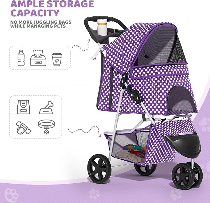 Magshion 3-Wheel Pet Stroller, Foldable Travel Jogger for Small & Medium Dogs & Cats (Up to 33lbs), Lightweight Carrier with Breathable Mesh Cover, Cup Holder & Storage Basket, Purple Polka Dots