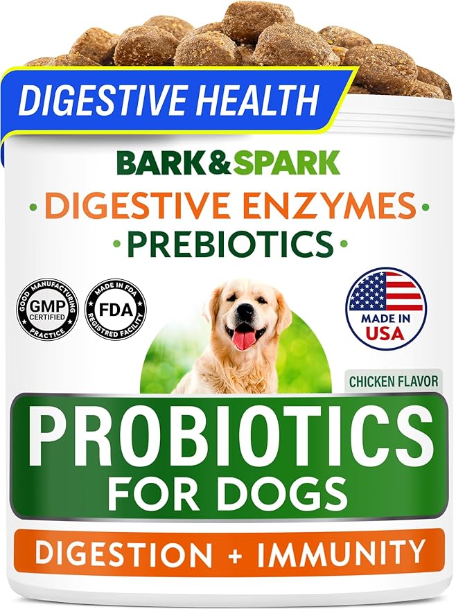 BARK&SPARK Probiotics for Dogs Digestive Health w/Enzymes - Diarrhea Gas Treatment Upset Stomach Relief - Allergy & Itchy Skin - Pet Dogs Probiotics - Digestion Supplement Treat (120Ct Chicken)