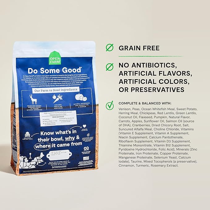 Open Farm, Grain-Free Dry Dog Food, Complete & Balanced Kibble, Sustainably & Ethically Sourced Ingredients, Non-GMO Veggies & Superfoods Support Overall Health, New Zealand Venison Recipe, 4lb Bag