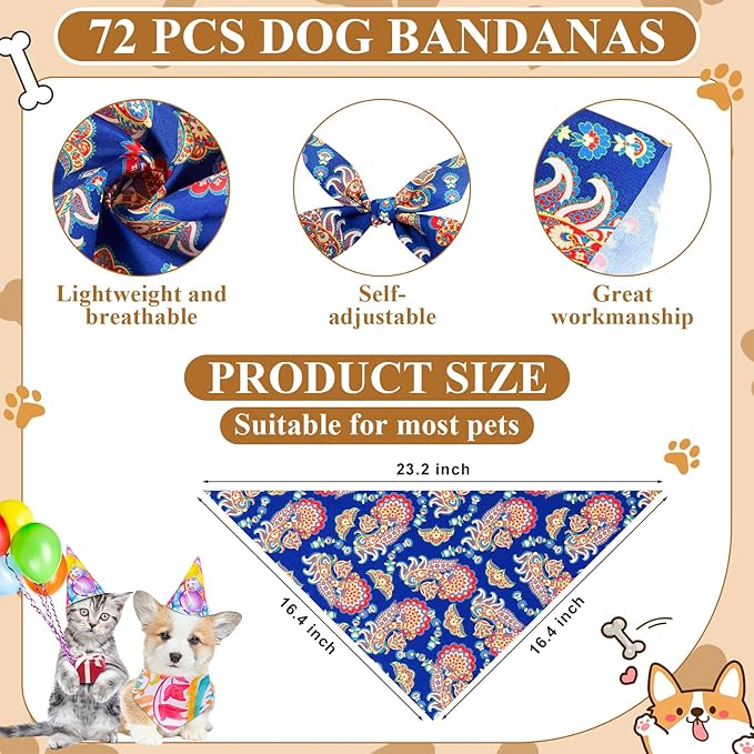 Sanwuta 72 Pcs Dog Bandana Bulk Washable Puppy Triangle Scarfs Cat Bandanas Adjustable Soft Cute Pet Triangle Bibs Accessories for Small Medium Dogs Cats Pets Costume (Paisley Pattern)