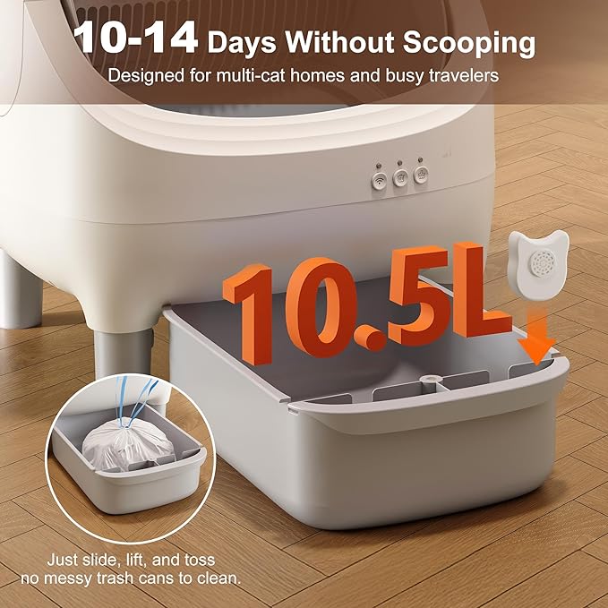 Open-Top Self-Cleaning Cat Litter Box, Automatic Litter Box for Multiple Cats with 10.5L Waste Bin, Advanced Safety Sensors, Quiet Operation, Easy to Clean (Gray)