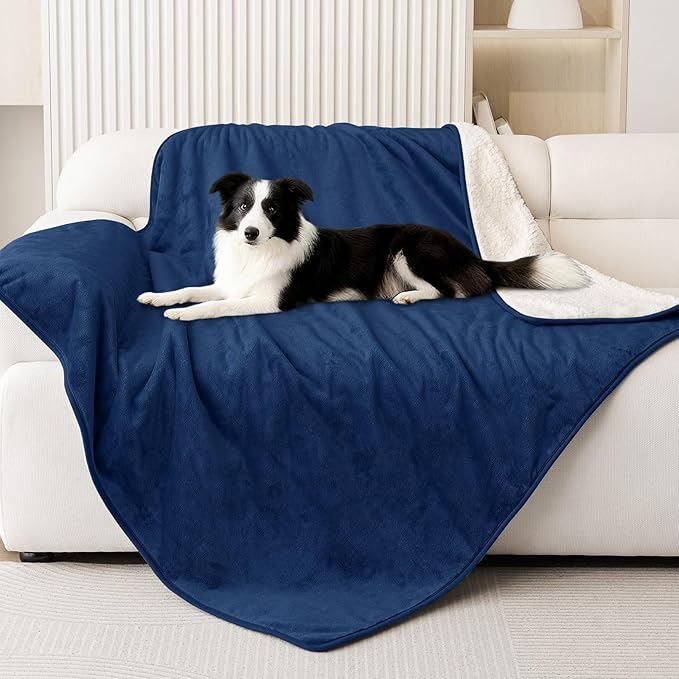 Smiry Waterproof Dog Bed Blanket, Leakproof Pet Throw Blanket for Bed Couch Sofa, Reversible Sherpa Fleece Furniture Protector Cover for Small Medium Large Dogs Cats (Navy Blue, 50x60 inches)