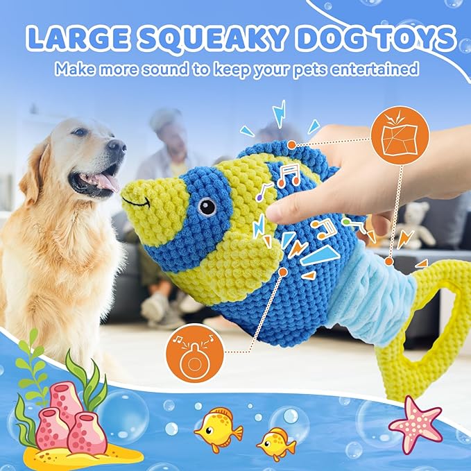 Tug of War Dog Toy, Squeaky Dog Toys, Interactive Fish Puppy Toys with Crinkle Paper to Keep Them Busy