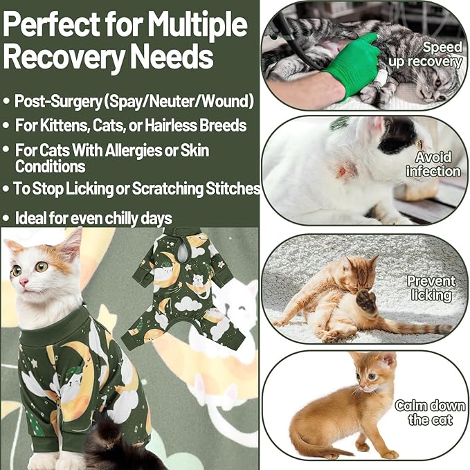 QBLEEV Cat Onesie for Cats After Surgery, Sticky Hair Cat Pajamas for Cats Only, Recovery Suit Shirt for Male Female, Full Body Long Sleeve Surgical Bodysuit, Stop Licking & Shedding