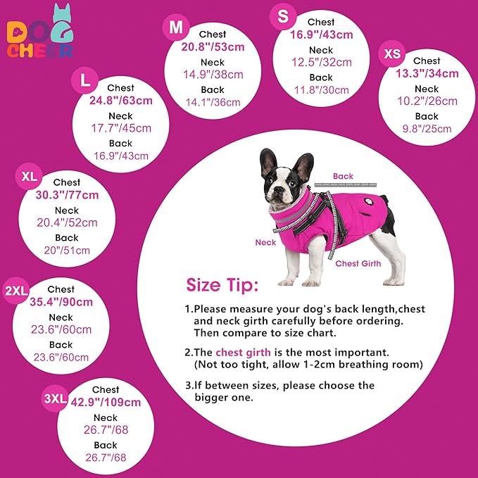 Dogcheer Dog Coat with Harness, Waterproof Dog Jacket Christmas Pet Winter Coat with Pockets, Reflective Doggy Turtleneck Fleece Jacket for Small Medium Large Dogs - Pink, S