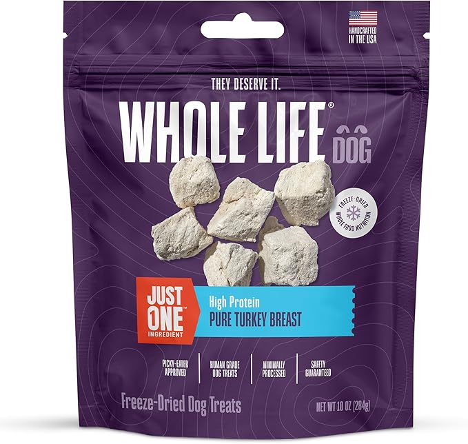 Whole Life Dog Just One Turkey Freeze Dried Dog Treats - Human Grade High Protein Food, Healthy Training Snacks, Freeze Dried Food Toppers, USA Made Natural Treats - 10 oz (Value Pack of 1)