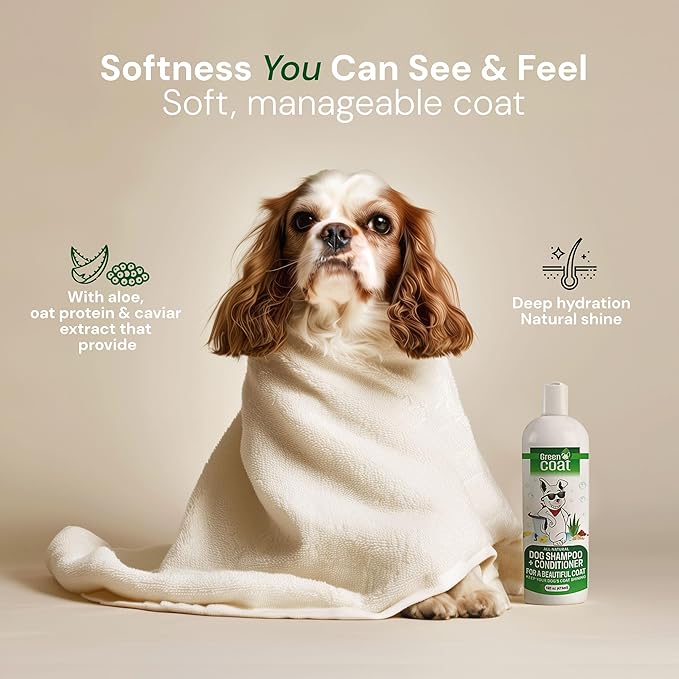 Nourishing 2 in 1 Dog Shampoo and Conditioner– Natural Shine Formula with Caviar, Aloe & Bergamot for Sensitive Skin, Moisturizes & Protects, 16oz Bottle, Made in USA