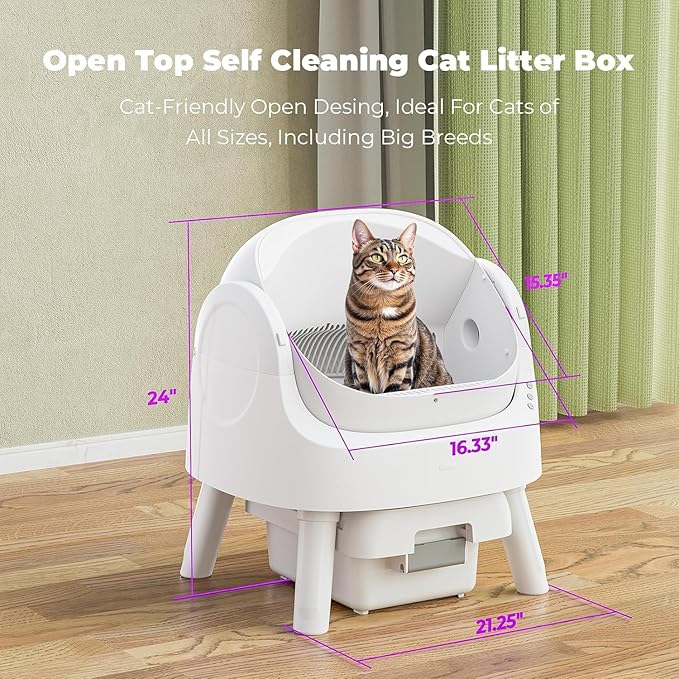 Self-Cleaning Cat Litter Box for Multiple Cats - Automatic, Open Top, White with Liners and Mat Included