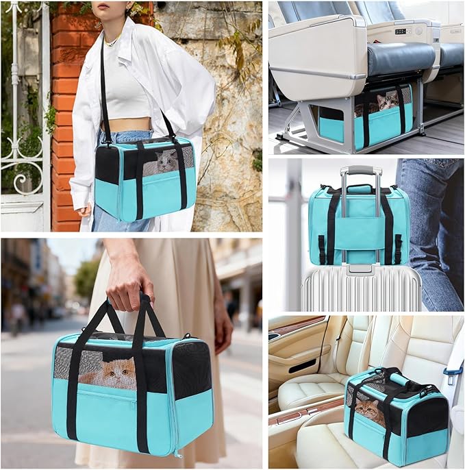 JUNGYOON Large Cat Carrier – Soft-Sided Airline-Approved Pet Carrier Bag with Top Opening, Portable Travel Carrier for Big Cats & Dogs Up to 20lbs – Safety Zippers, Collapsible Bowl, Blue