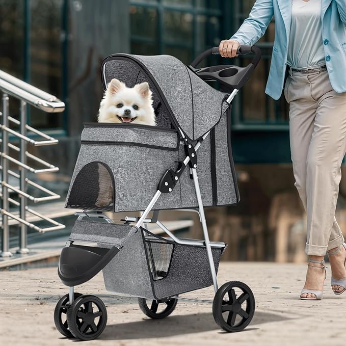 Magshion 3-Wheel Pet Stroller, Foldable Travel Jogger for Small & Medium Dogs & Cats (Up to 33lbs), Lightweight Carrier with Breathable Mesh Cover, Cup Holder & Storage Basket, Gray