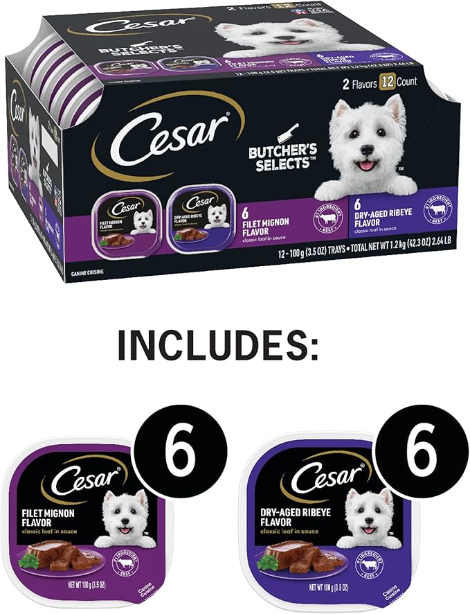 Cesar Wet Dog Food Classic Loaf in Sauce Butcher's Selects Variety Pack, Dry-Aged Ribeye Flavor and Filet Mignon Flavor, 3.5 oz. Trays (12 Count, Pack of 1)