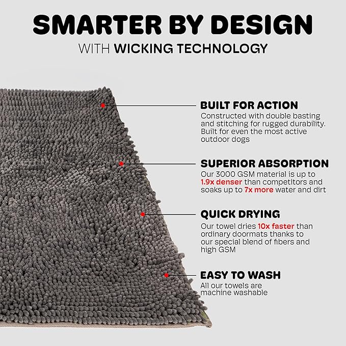 Dog Gone Smart Dirty Dog Doormat - Fast Drying Rug with Super Gripper Backing for Clean Floors - Super Absorbent and Machine Washable Mat for Muddy Paws - Cool Grey