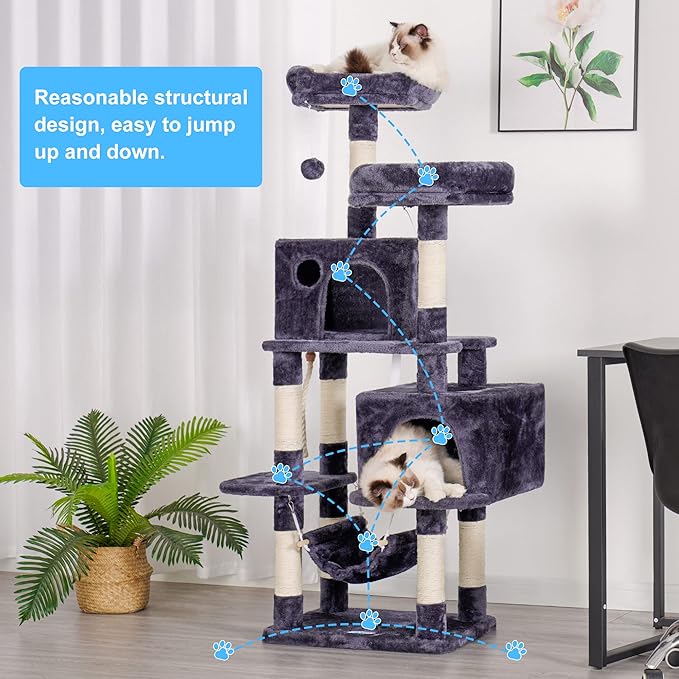 Hey-brother Multi-Level Cat Tree Condo Furniture with Sisal-Covered Scratching Posts, 2 Plush Condos, Perch Hammock for Kittens, Cats and Pets, Smoky Gray MPJ020-SG