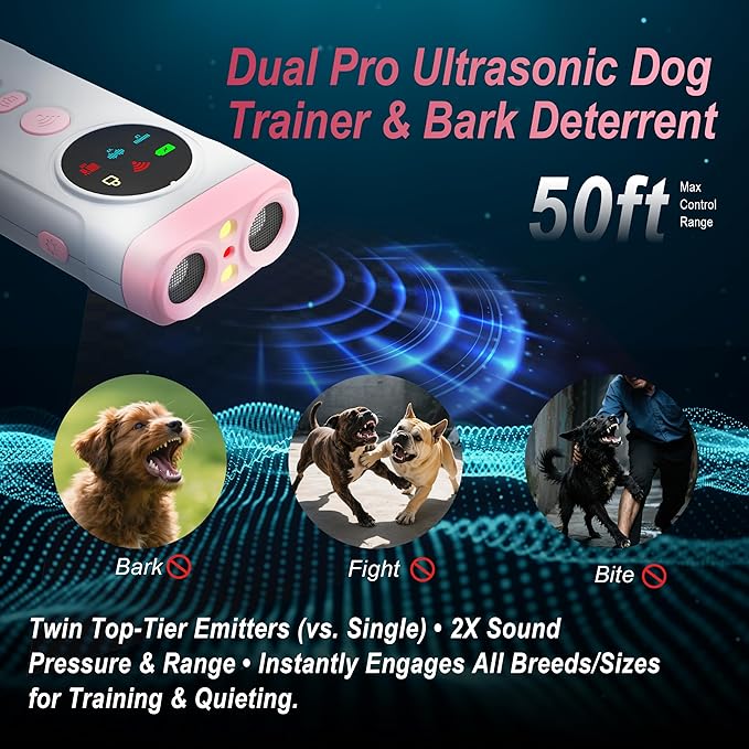 Dog Bark Deterrent Device-2X High-Power Emitters | Anti Barking with 5 Training Modes, 50ft Range, Shock Collar Alternative, 1500mAh Battery, LED Display, Safe Ultrasonic Bark Shield for Dogs (Pink)