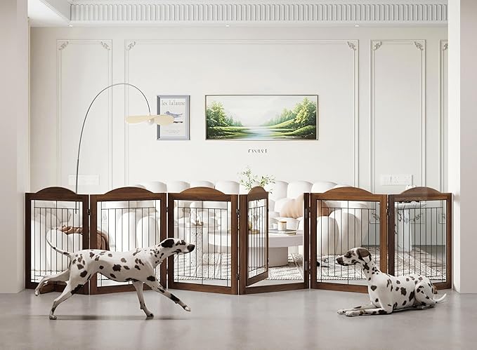 Vantas Folding No-Assembly Dog Door Pet Gate 144" Wide, 30" Tall Wooden Dog Gate with Door Walk Through, Freestanding Wire Pet Gate, Pet Puppy Safety Fence, with 2PCS Support – Brown