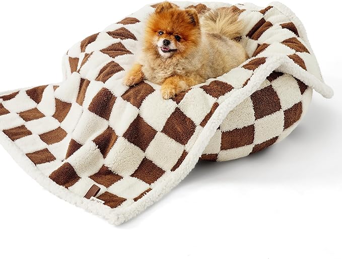 Lesure Waterproof Puppy Blanket for Small Dogs - Washable Double Sided Dog Blankets with Warm Jacquard Shag and Soft Sherpa Fleece, Pet Cat Blanket for Couch Protection, 3D Textured Checks, Brown