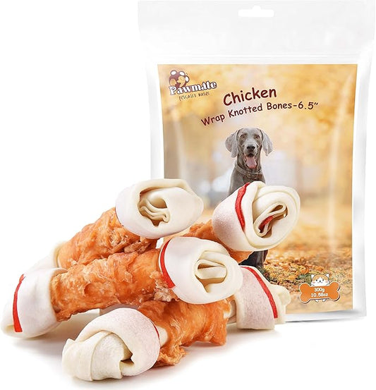 Dog Treats Large Breed, Chicken Wrapped Rawhide Bones, Large Size Long Lasting Chew with Taurine, Dog Treats Teeth Cleaning Snacks for Medium Large Dogs, 4 Counts, 10.6oz