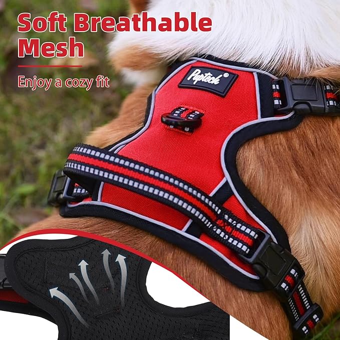 PUPTECK No Pull Dog Harness Small Sized, Adjustable Reflective Dog Harness with Handle Easy Control, Comfortable Soft Padded Pet Vest Harness for Small Dogs, Red S