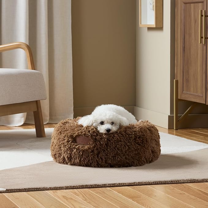 TOWN & COUNTRY LUXE CuddleTown Fuzzy Solid Donut Pet Bed, Soft, Cozy & Calming, Non-Slip Bottom, 100% Machine Washable, Brown, XS 19"x19"x7" Round