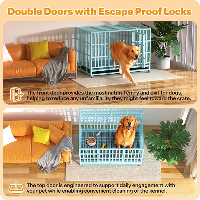 Heavy Duty Indestructible Dog Crate 48 Inch with Removable Tray, Sizes & Colors Optional, Escape Proof Double Door High Anxiety Cage Indoor, Kennel with Wheels for Large Dogs, XL XXL XXL