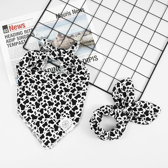 E-Clover Cow Print Dog Bandanas & Matching Scrunchie Set Fall Cowboys Theme Dog Scarf Bibs Pet Bandana with Bow Tie for Small Dogs Puppy Owner Mom Black White