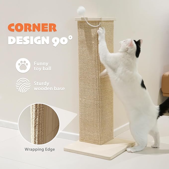 PETKARAY Couch Corner Cat Scratcher, 22'' Corner Scratching Post Cat Wall Scratcher, Sisal Scratch Pad for Sofa, Wall Furniture Protector with Toy Ball