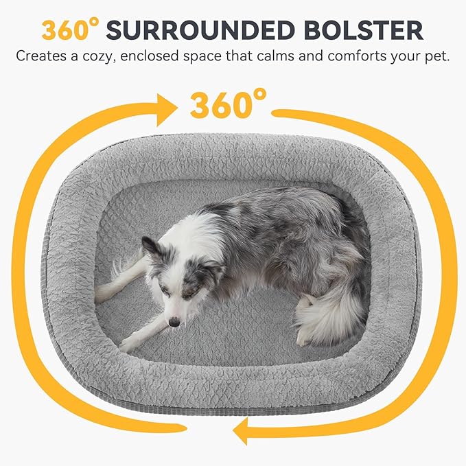 JOEJOY Orthopedic Dog Beds Large Sized Dog, XL Egg-Crate Memory Foam Pet Couch Bed with Bolster Sides, Waterproof Lining, Removable Washable Cover & Non-Slip Bottom, Light Grey