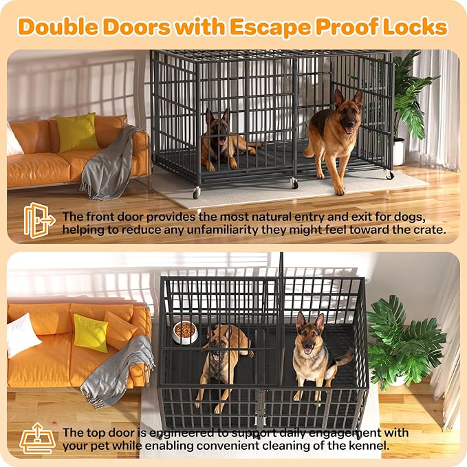 Heavy Duty Indestructible Dog Crate 78 Inch with Removable Tray, Sizes & Colors Optional, Escape Proof Double Door High Anxiety Cage Indoor, Kennel with Wheels for Large Dogs, XL XXL XXL