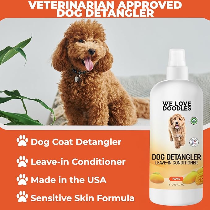 We Love Doodles Dog Detangler Spray - Leave-in Conditioner for Dogs - Dog Detangling Spray - Dematting Spray for Dogs - Tangle Remover - Made in The USA - Large 16 fl oz (Mango)
