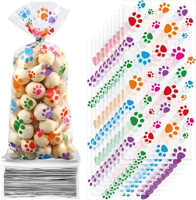 Blulu 100 Pieces Dog Treat Bags Puppy Party Favor Pet Paw Cone Cellophane Bags Candy Heat SealableDog Paw Gift with 100 Pieces Silver Twist Ties for Pet Cat Treat Party Favor(Colorful)
