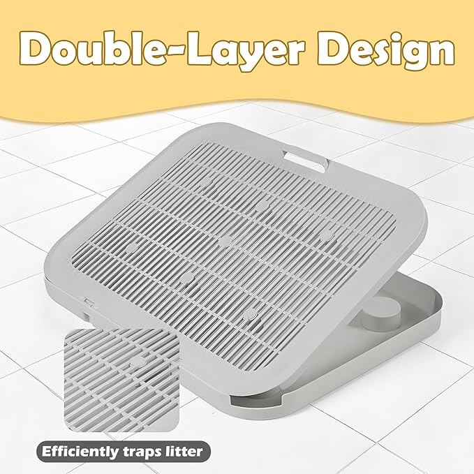 Elevated Cat Litter Mat Litter Box Mat with a Flip-top Lid,Double-Layer Kitty Trapping Mats for Floor,Cat Trapping Pad with Non-Slip Base,Durable,Waterproof,Washable,Easy to Clean (Grey)